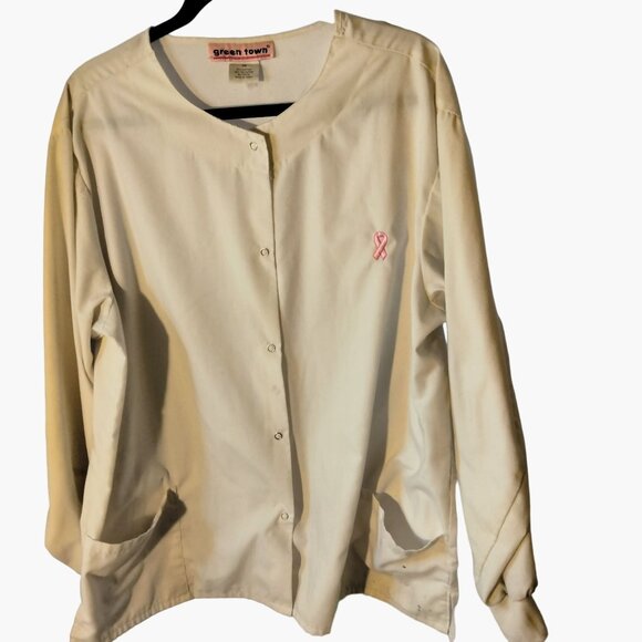 Green Town Pink Ribbon Scrub Top White Jacket Long Sleeve 2X - Picture 3 of 8